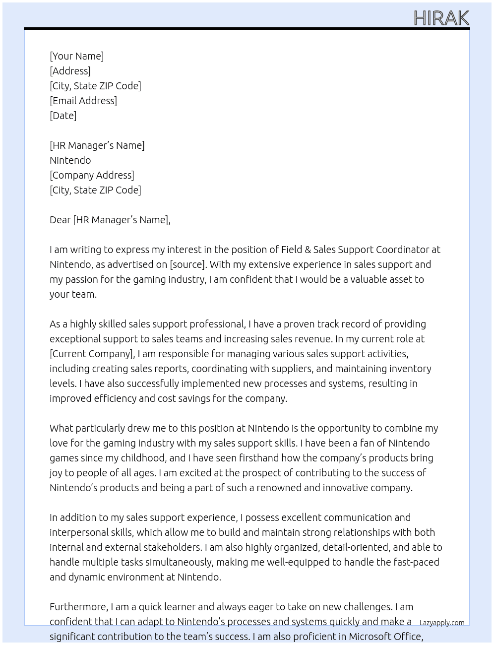 Field & Sales Support Coordinator At Nintendo Cover Letter