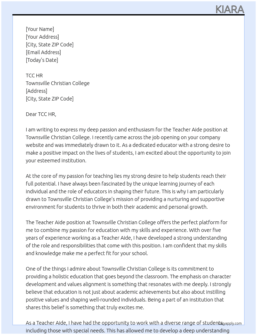 Cover letter for teacher aide - LazyApply