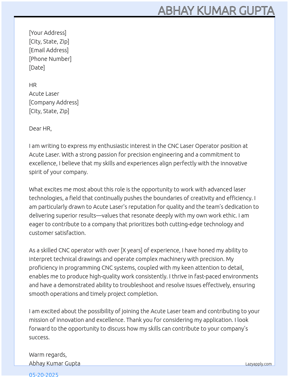 Cover letter for cnc laser operator - LazyApply