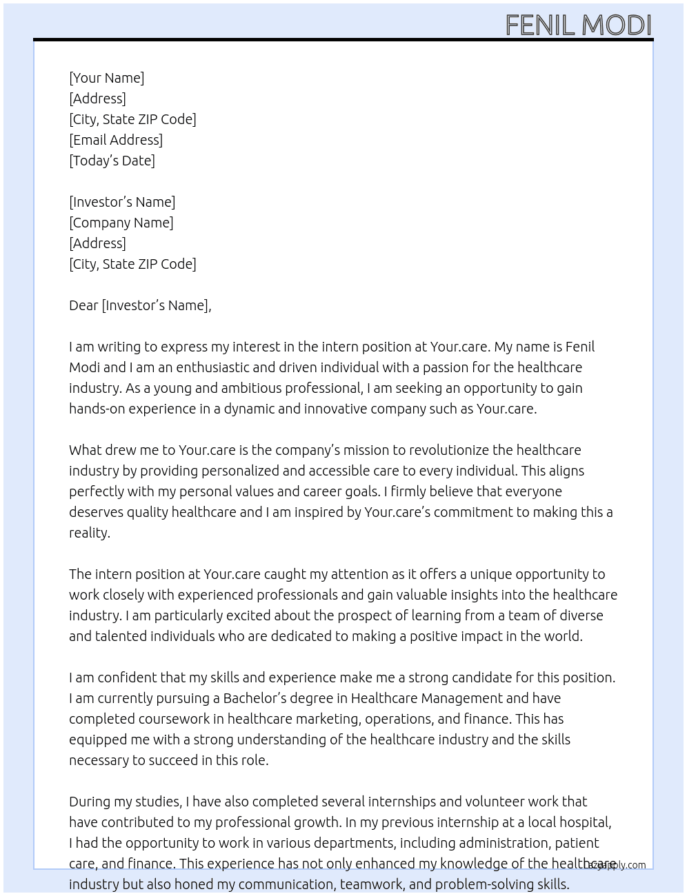 intern At Your.care Cover Letter