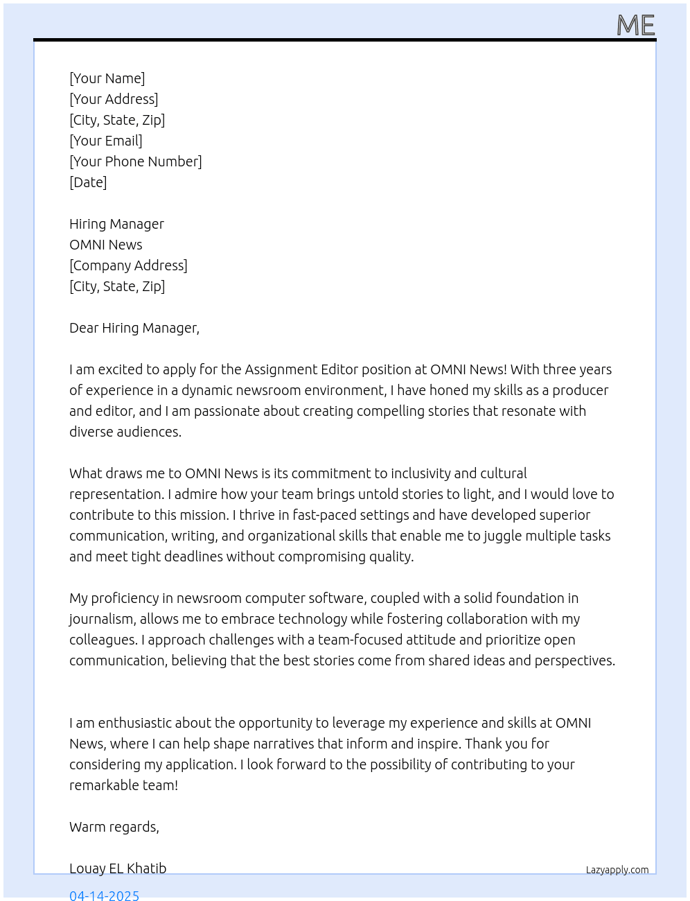 Assignment Editor At OMNI News Cover Letter