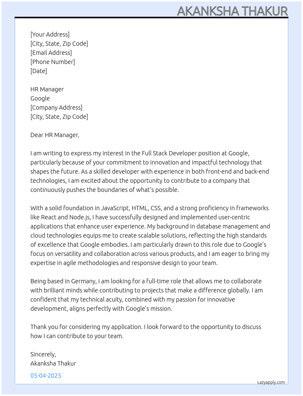 full stack developer At google Cover Letter