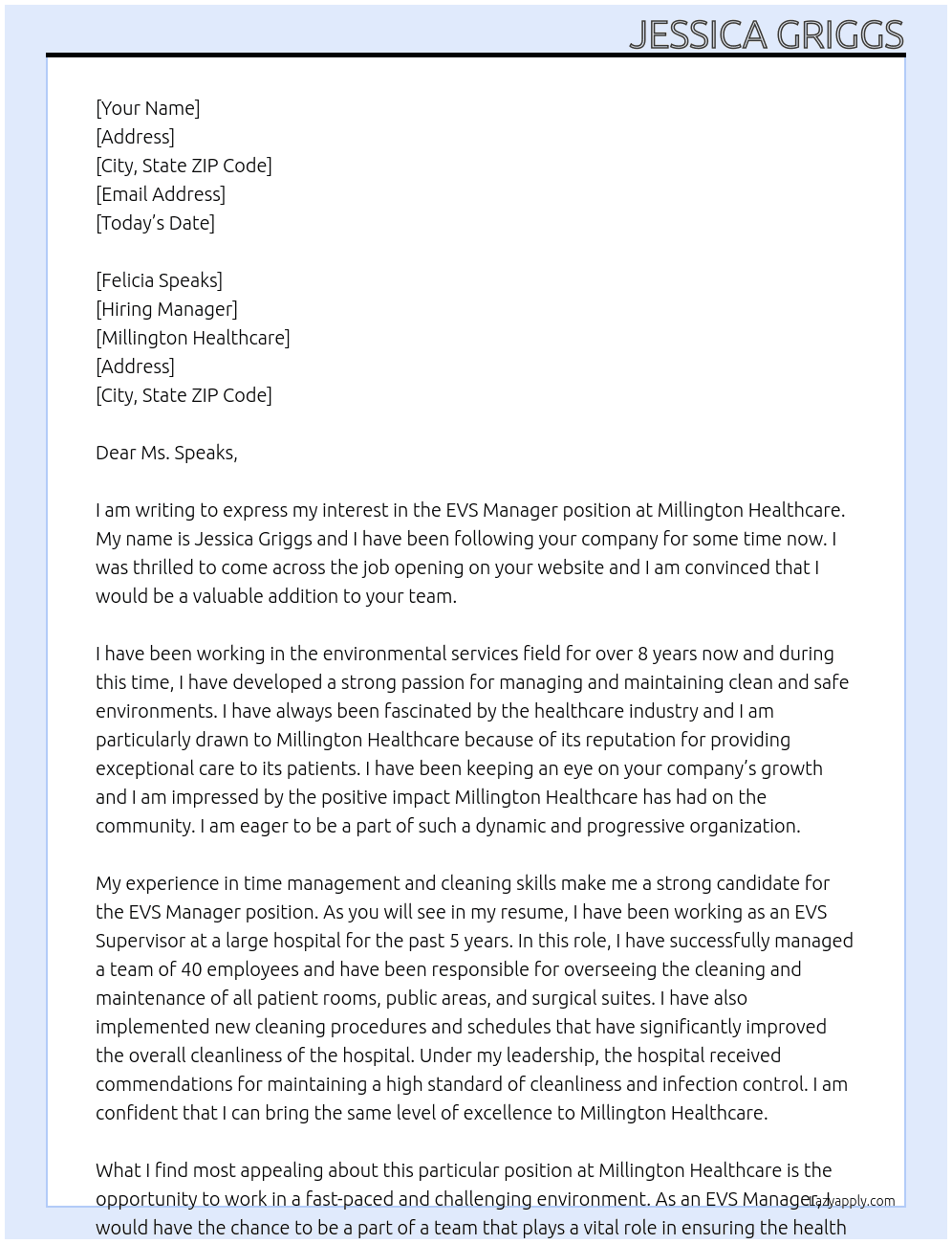 EVS manager At Millington healthcare Cover Letter