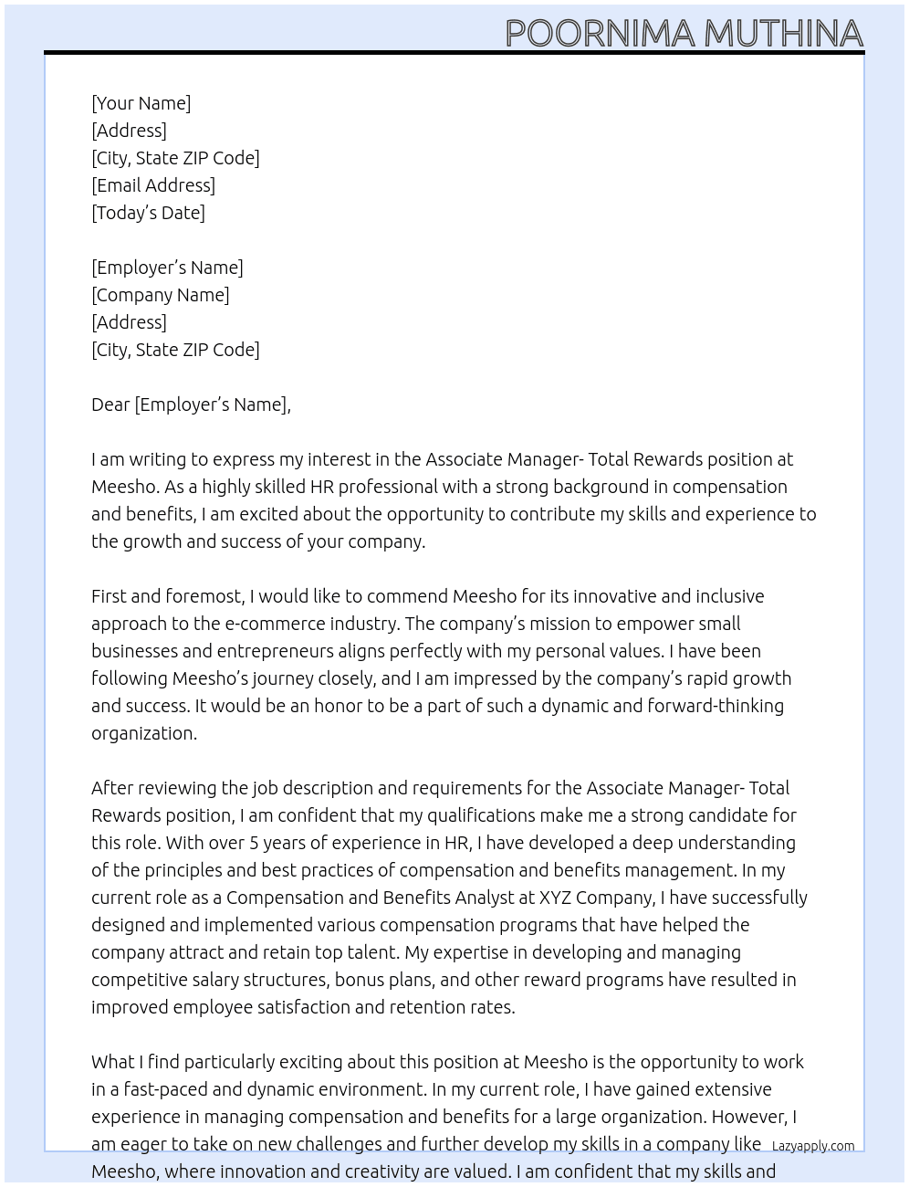 Cover letter for associate manager- total rewards - LazyApply