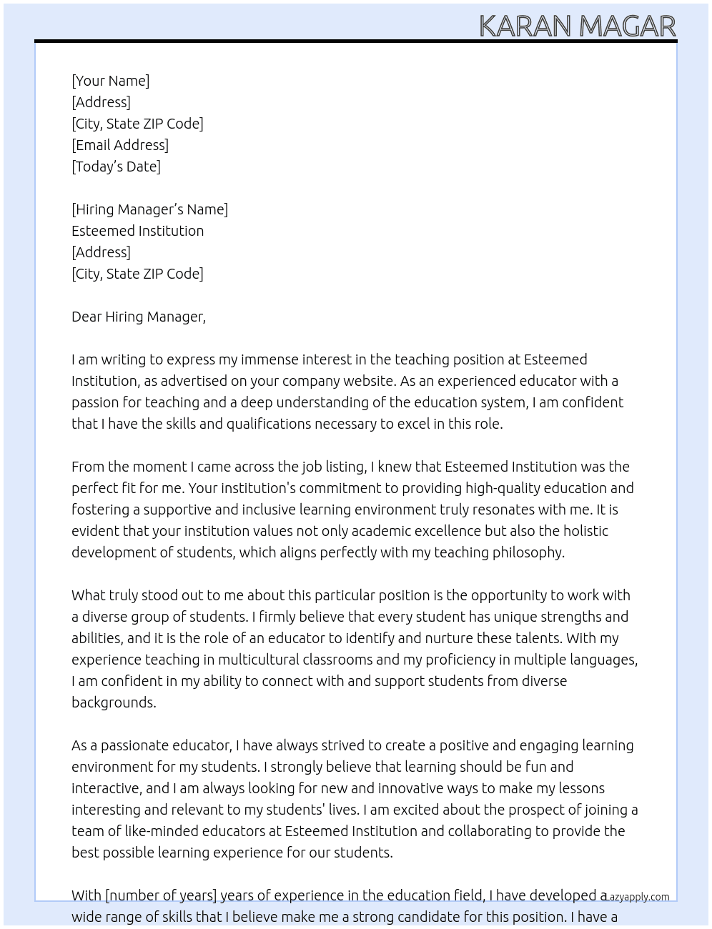 Cover letter for teaching position - LazyApply