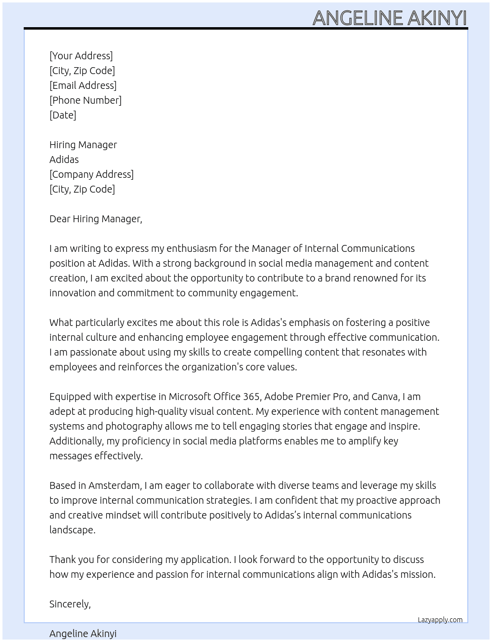 Manager Internal Communications At Adidas Cover Letter