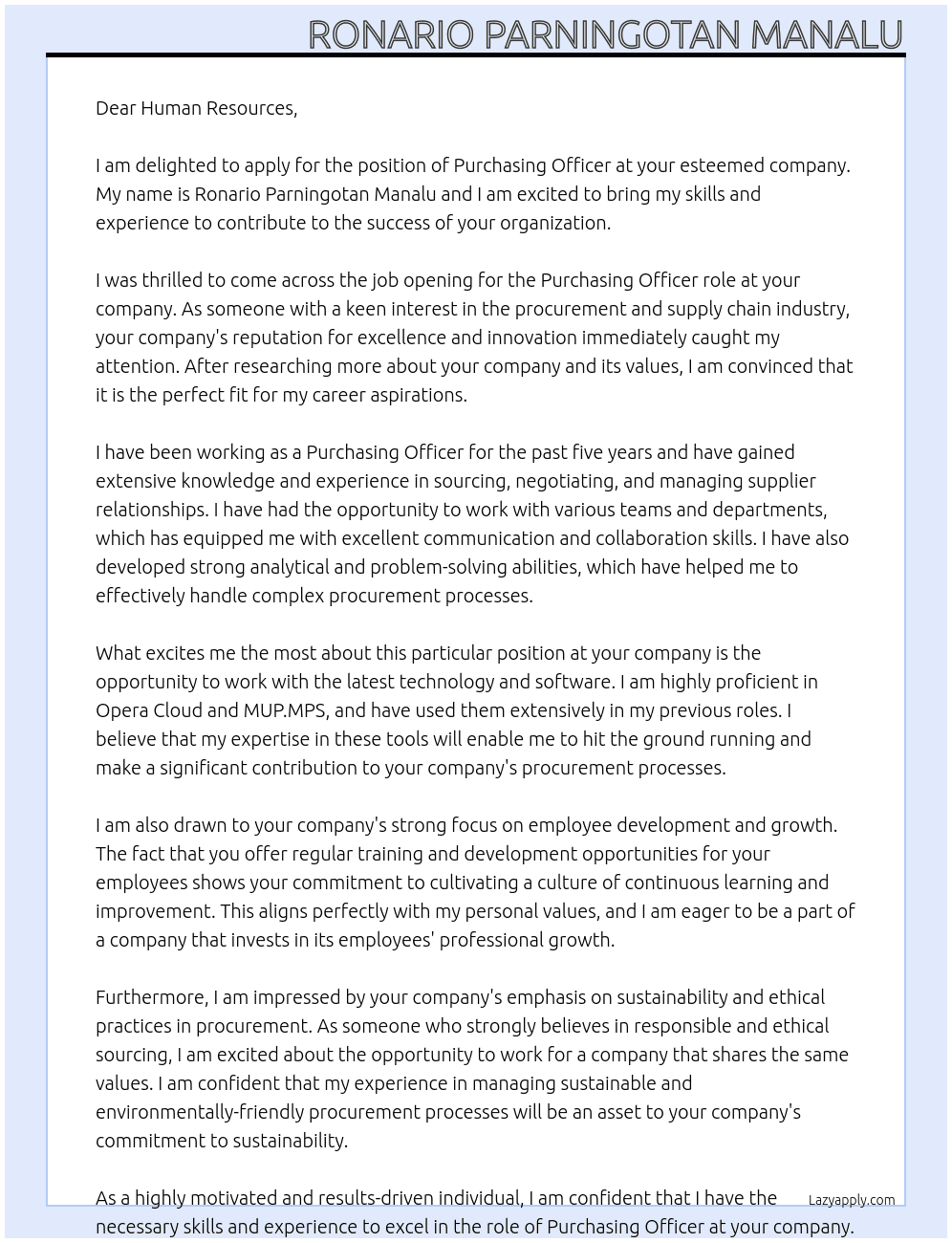 Purchasing Officer At Human resources Cover Letter
