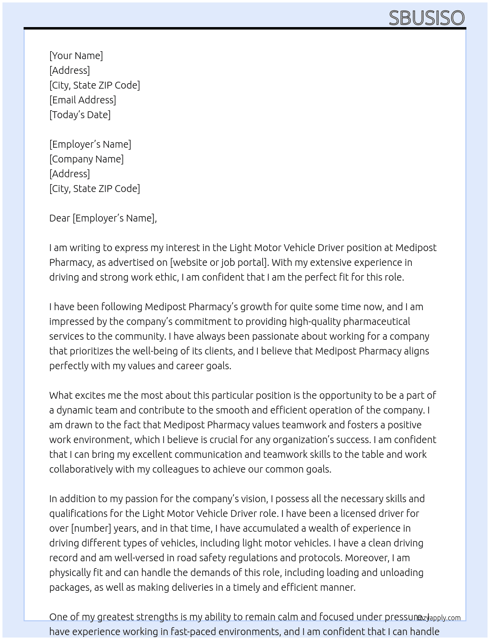 Light Motor Vehicle Driver At Medipost Pharmacy Cover Letter