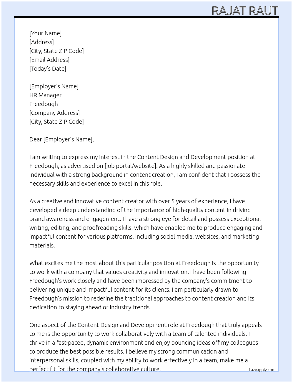 content design and development At freedough Cover Letter