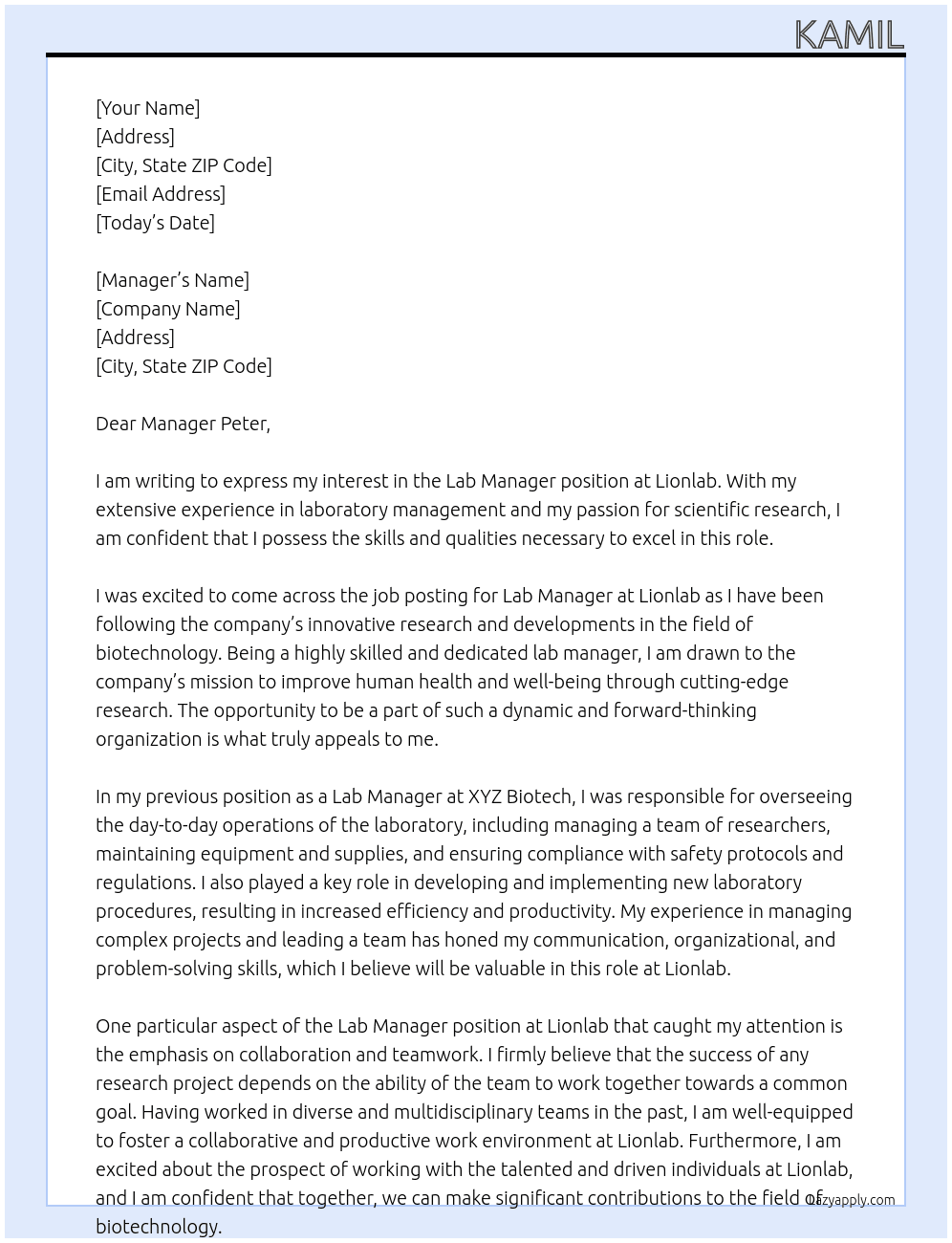 Lab manager At Lionlab Cover Letter