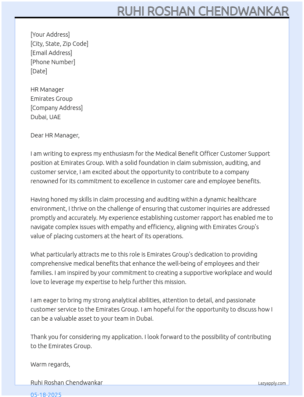 Cover letter for medical benefit officer customer support - LazyApply