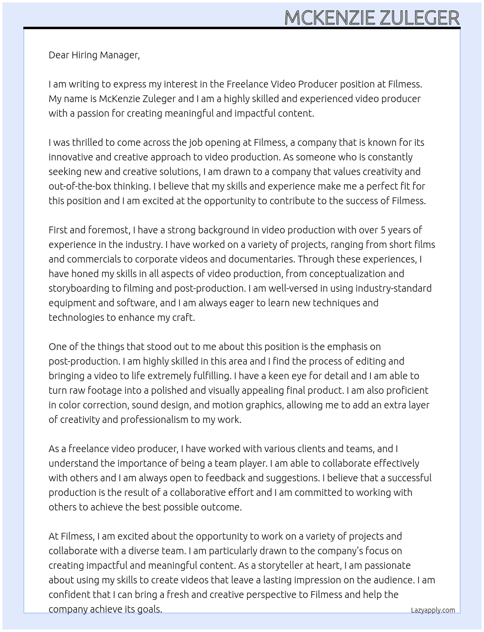 Freelance Video Producer At Filmess Cover Letter