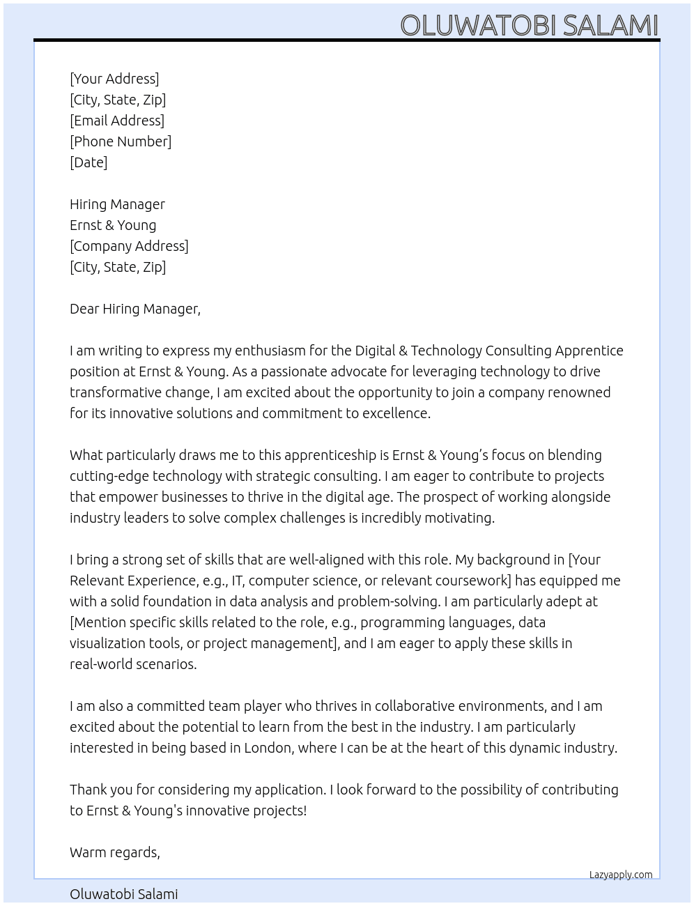 Digital & Technology Consulting Apprentice At Ernst & Young Cover Letter