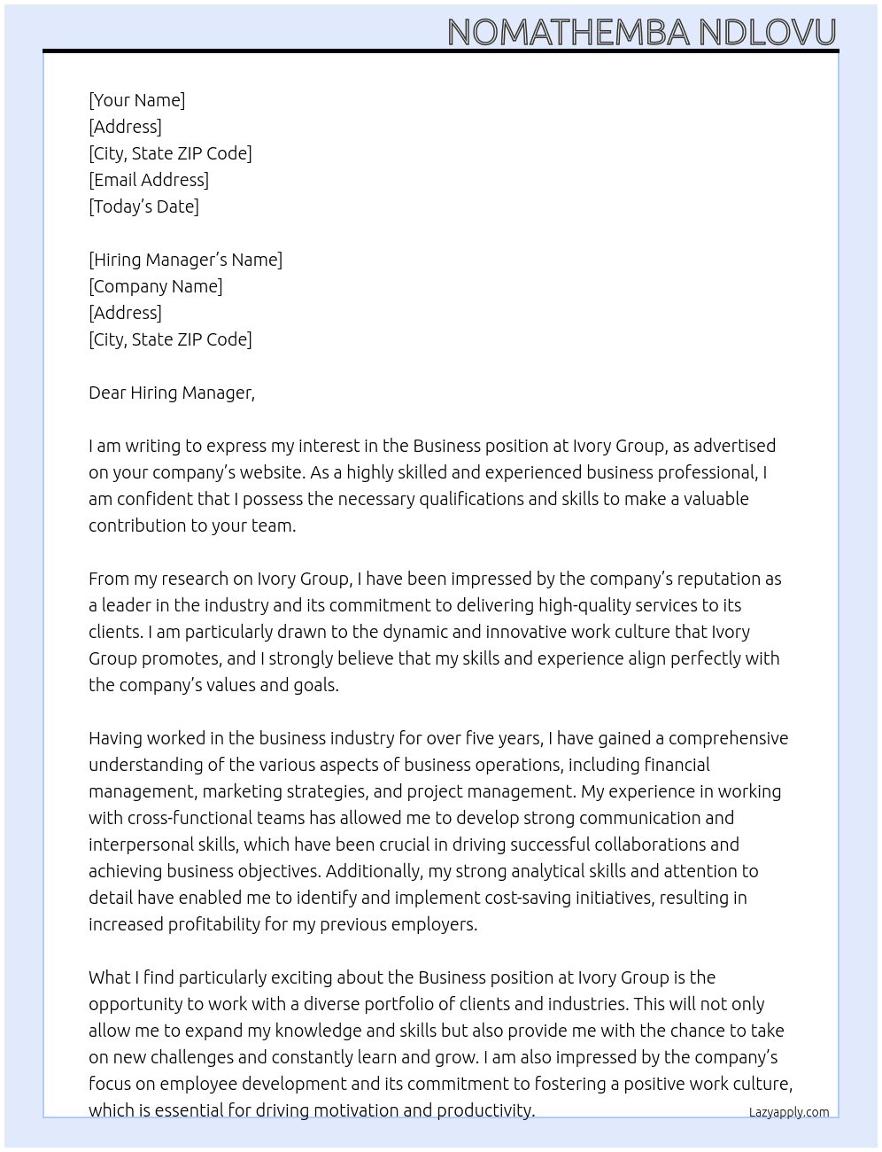 Business  At Ivory Group  Cover Letter