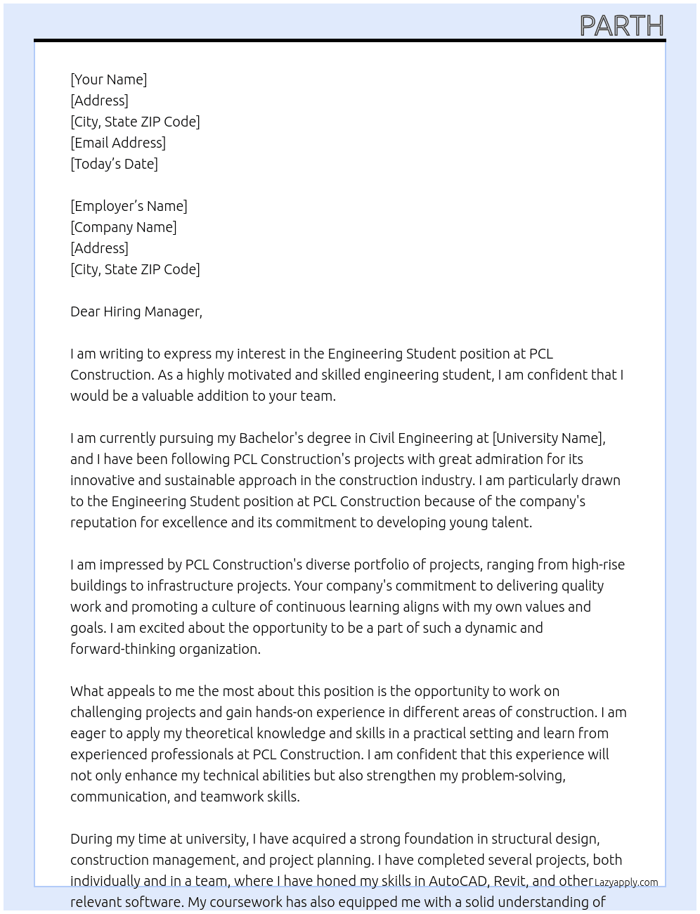 Engineering Student At PCL Construction Cover Letter