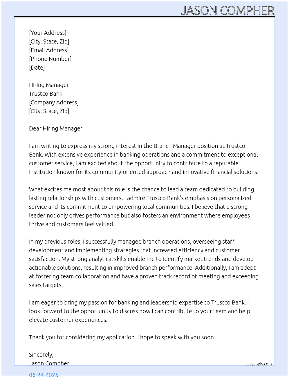 Branch Manager At Trustco Bank Cover Letter