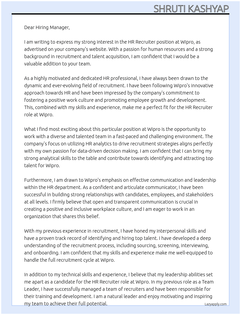 Hr recruiter  At Wipro Cover Letter