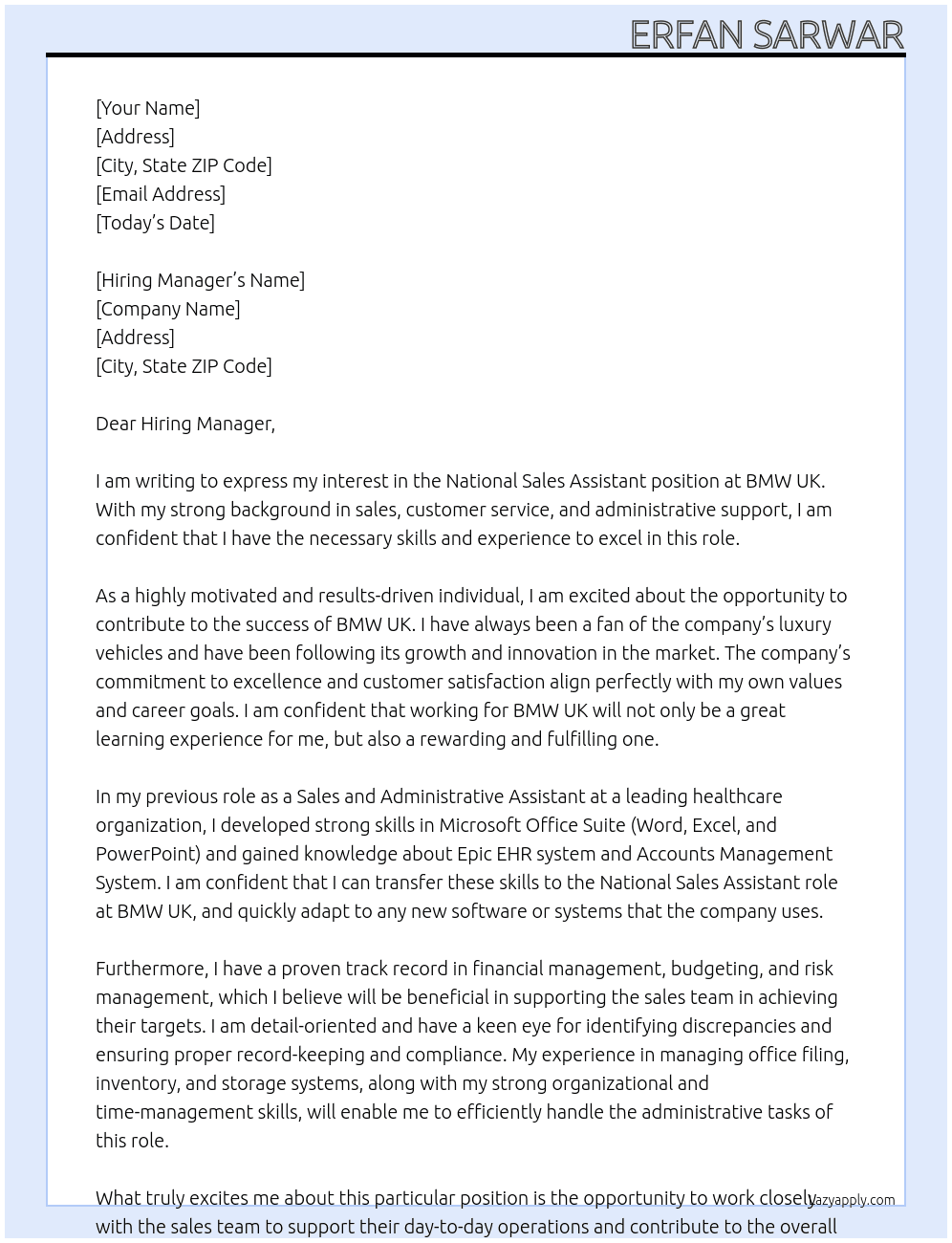 National Sales Assistant At BMW UK Cover Letter