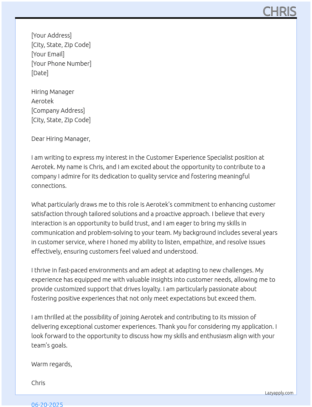 Customer Experience Specialist At Aerotek Cover Letter