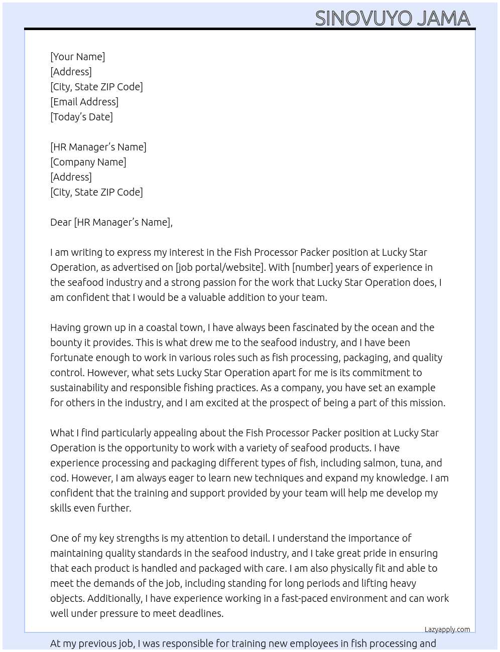 Fish Processor Packer  At Lucky Star Operation  Cover Letter