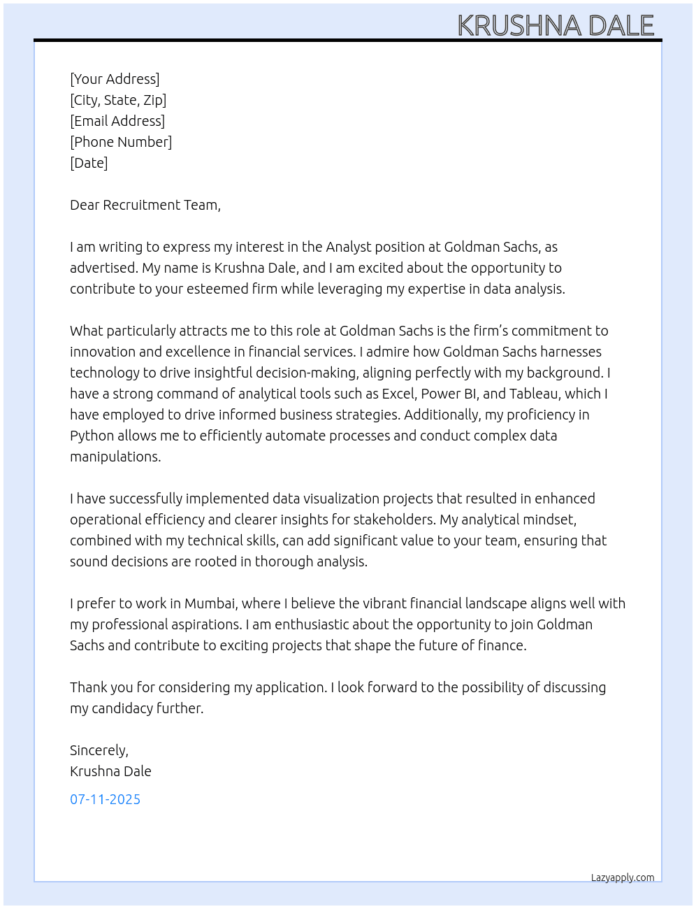 Analyst  At Goldman Sachs  Cover Letter