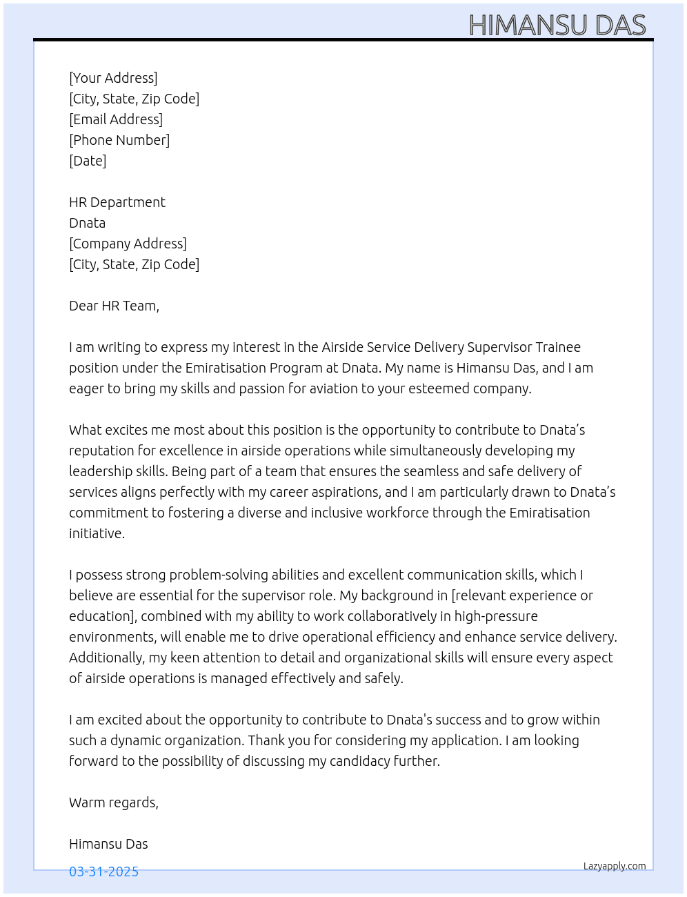 Cover letter for airside service delivery supervisor trainee - emiratisation program - LazyApply