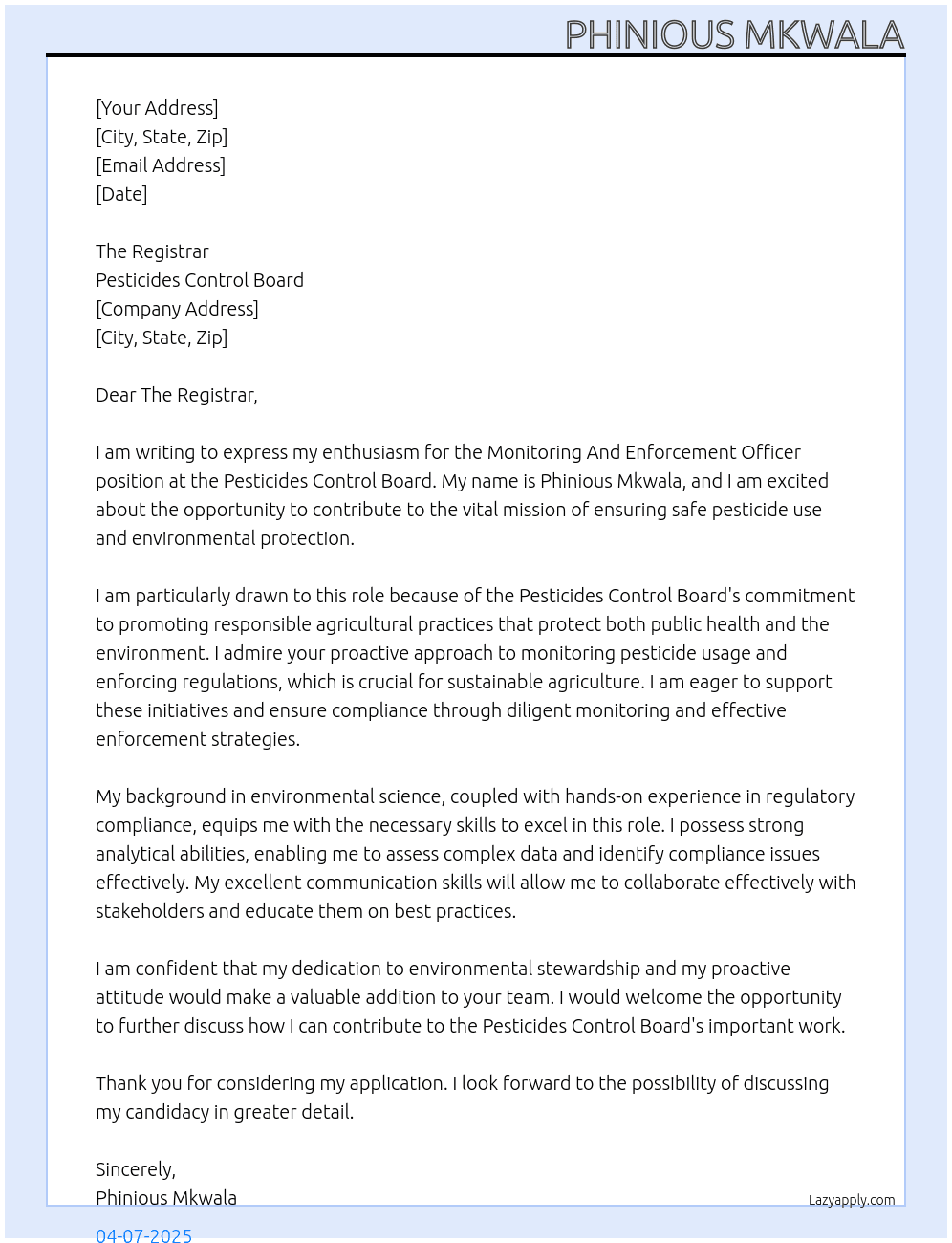 Monitoring And Enforcement Officer At Pesticides Control Board  Cover Letter