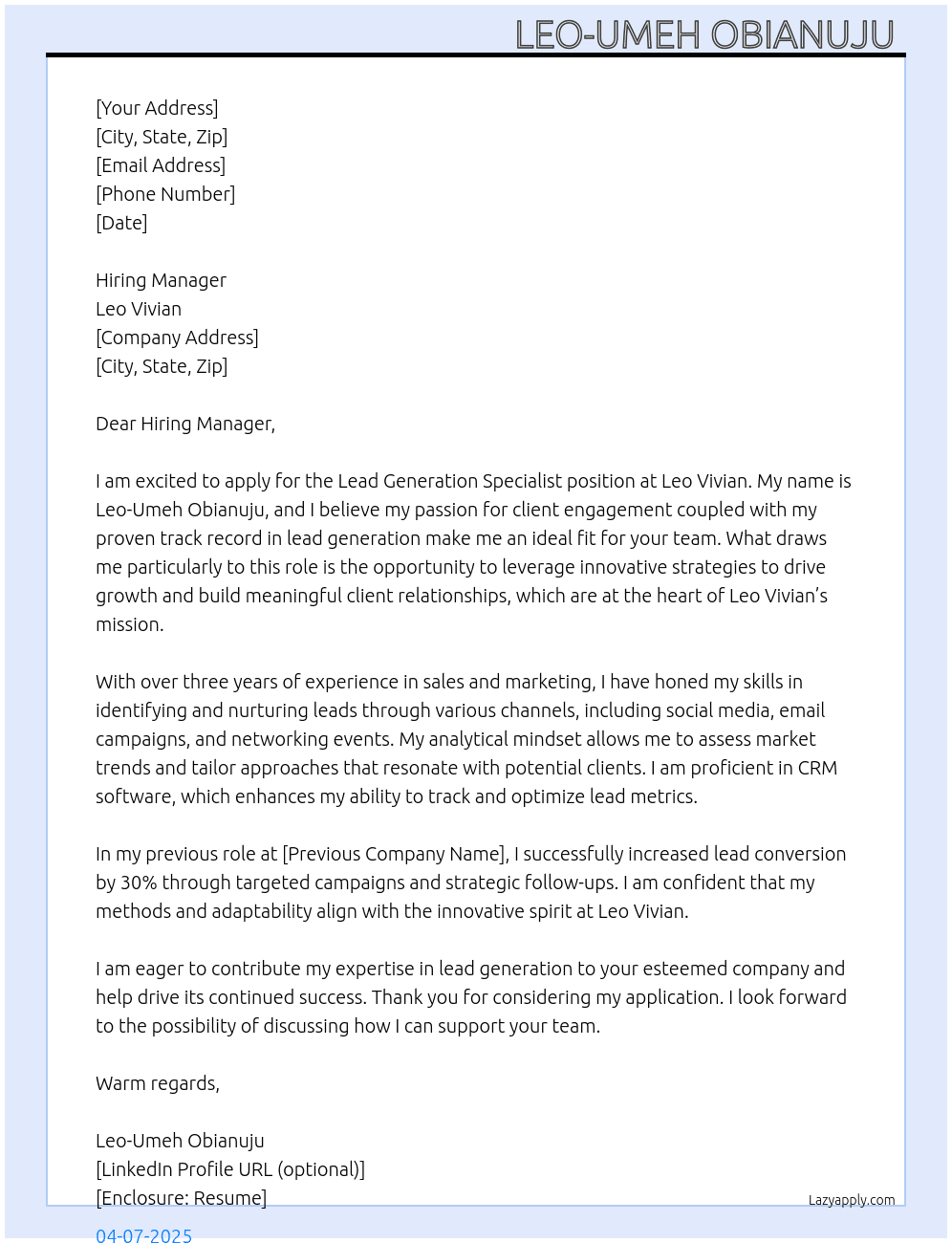 lead generation specialist At Leo Vivian  Cover Letter