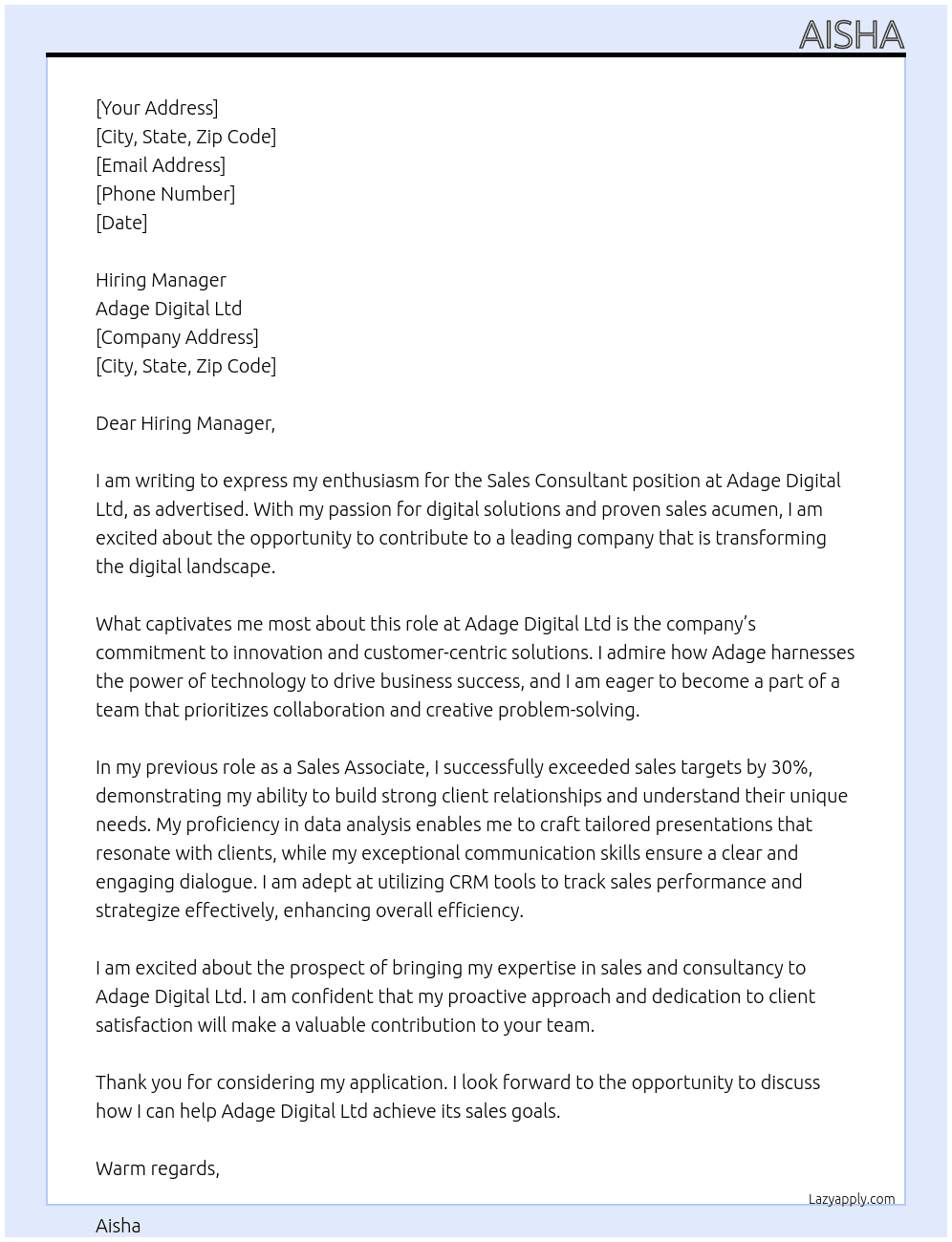 Sales Consultant  At Adage Digital Ltd Cover Letter
