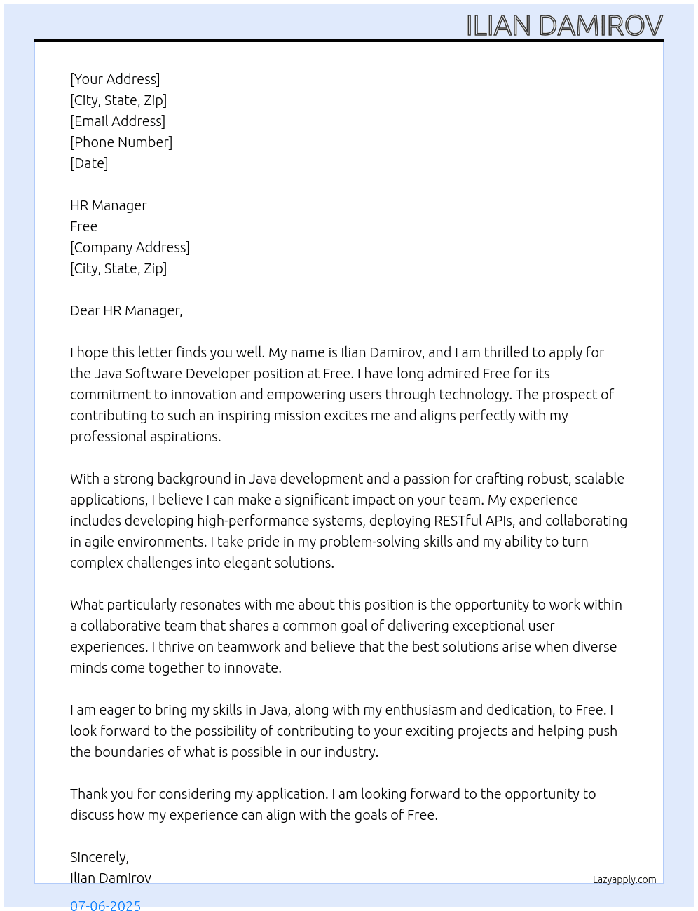 Java Software Developer At Free Cover Letter