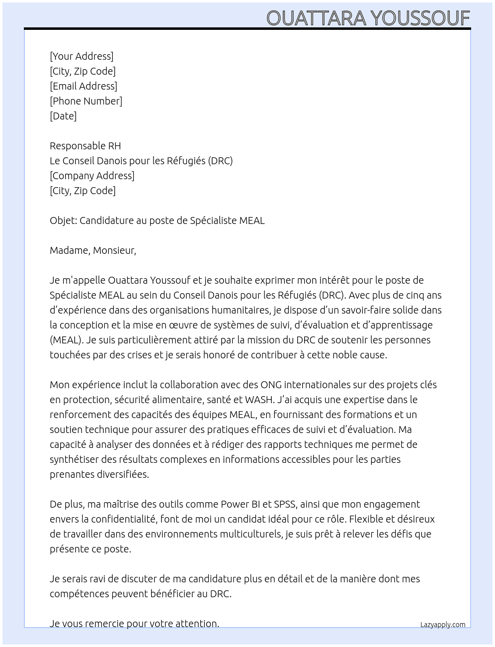 Cover letter for spécialiste meal - LazyApply