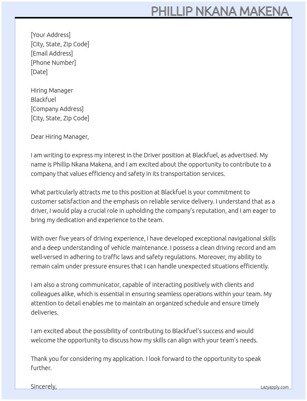 Driver  At Blackfuel Cover Letter