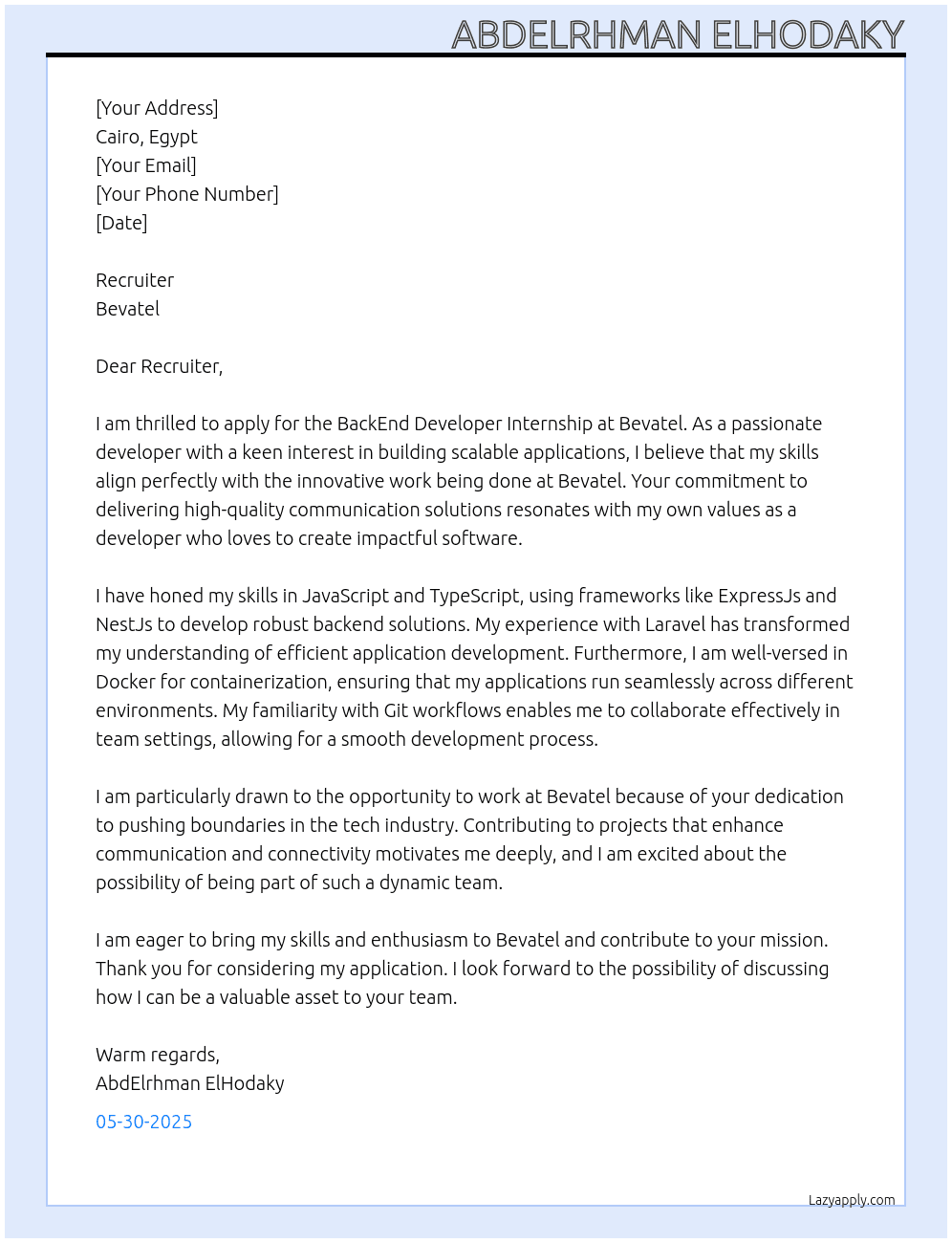 BackEnd Dev  At bevatel Cover Letter