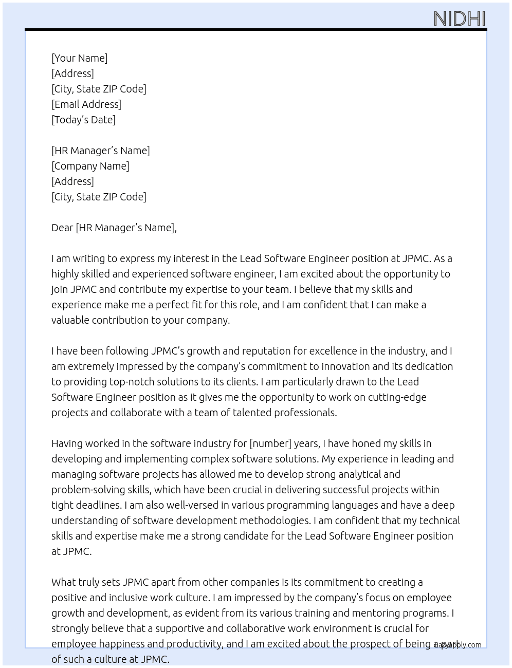 Lead software engineer At JPMC Cover Letter