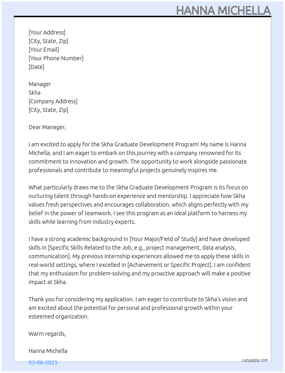 Skha Graduate Development Program At Skha Cover Letter