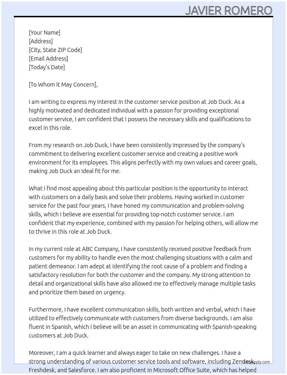 customer service At Job Duck Cover Letter