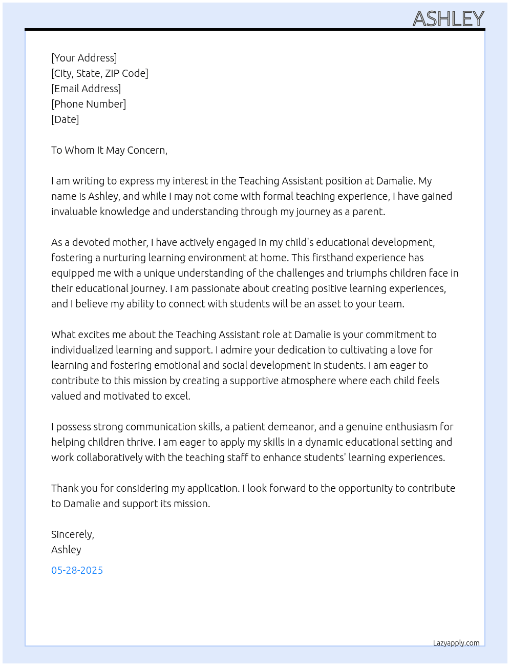 Teaching assistant At Damalie  Cover Letter