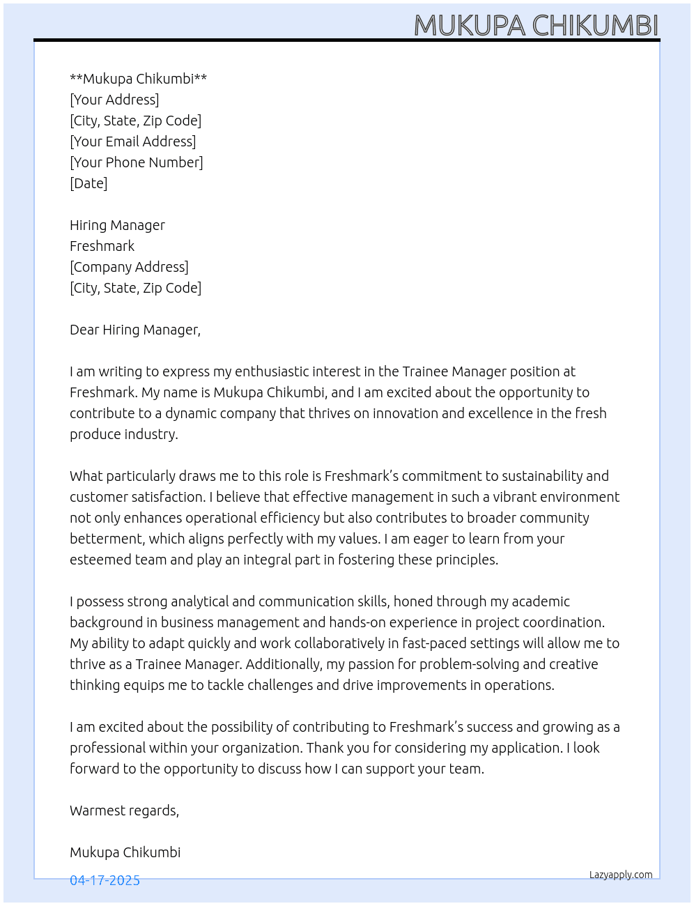trainee manager At freshmark Cover Letter