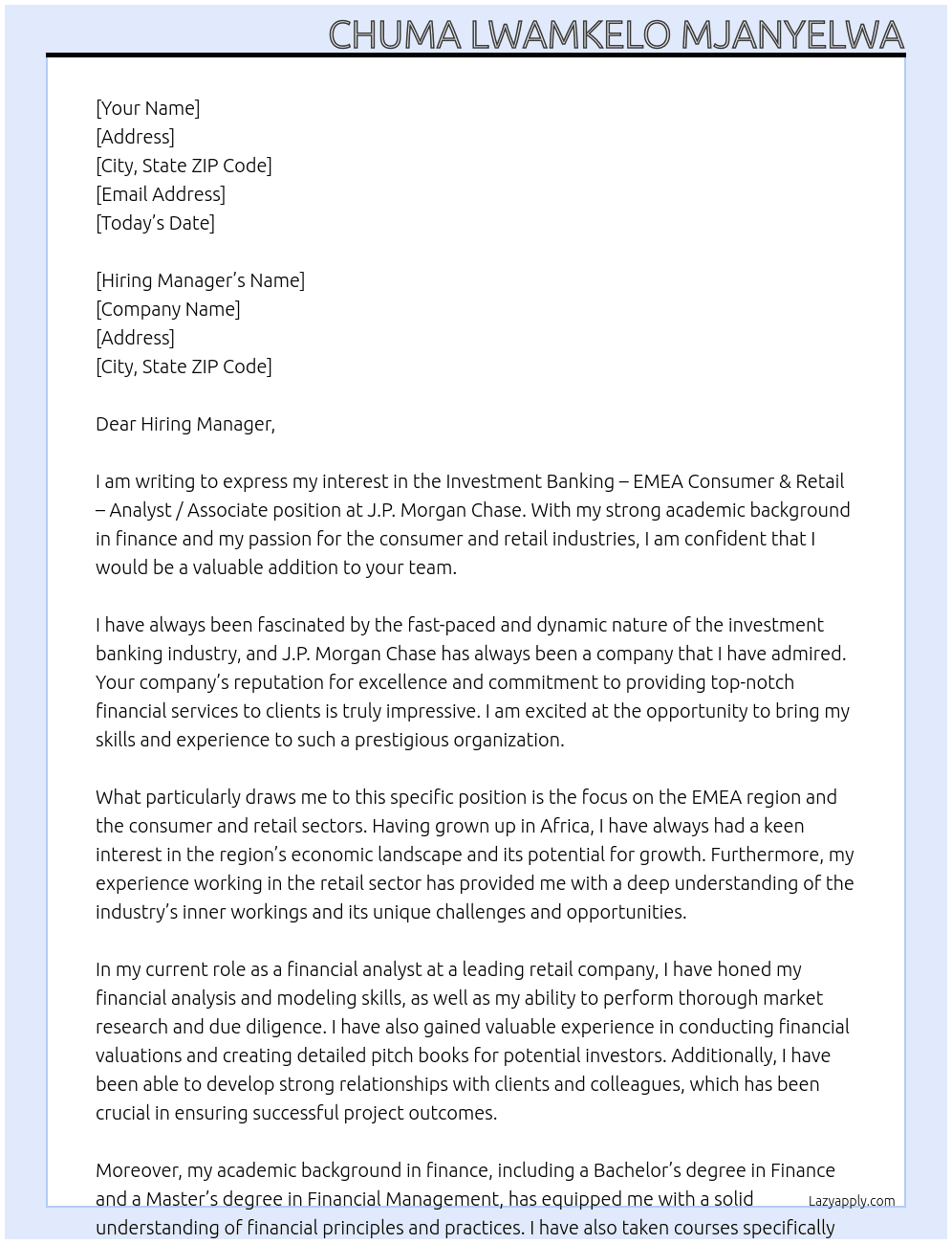 Cover letter for investment banking – emea consumer & retail – analyst / associate – london - LazyApply