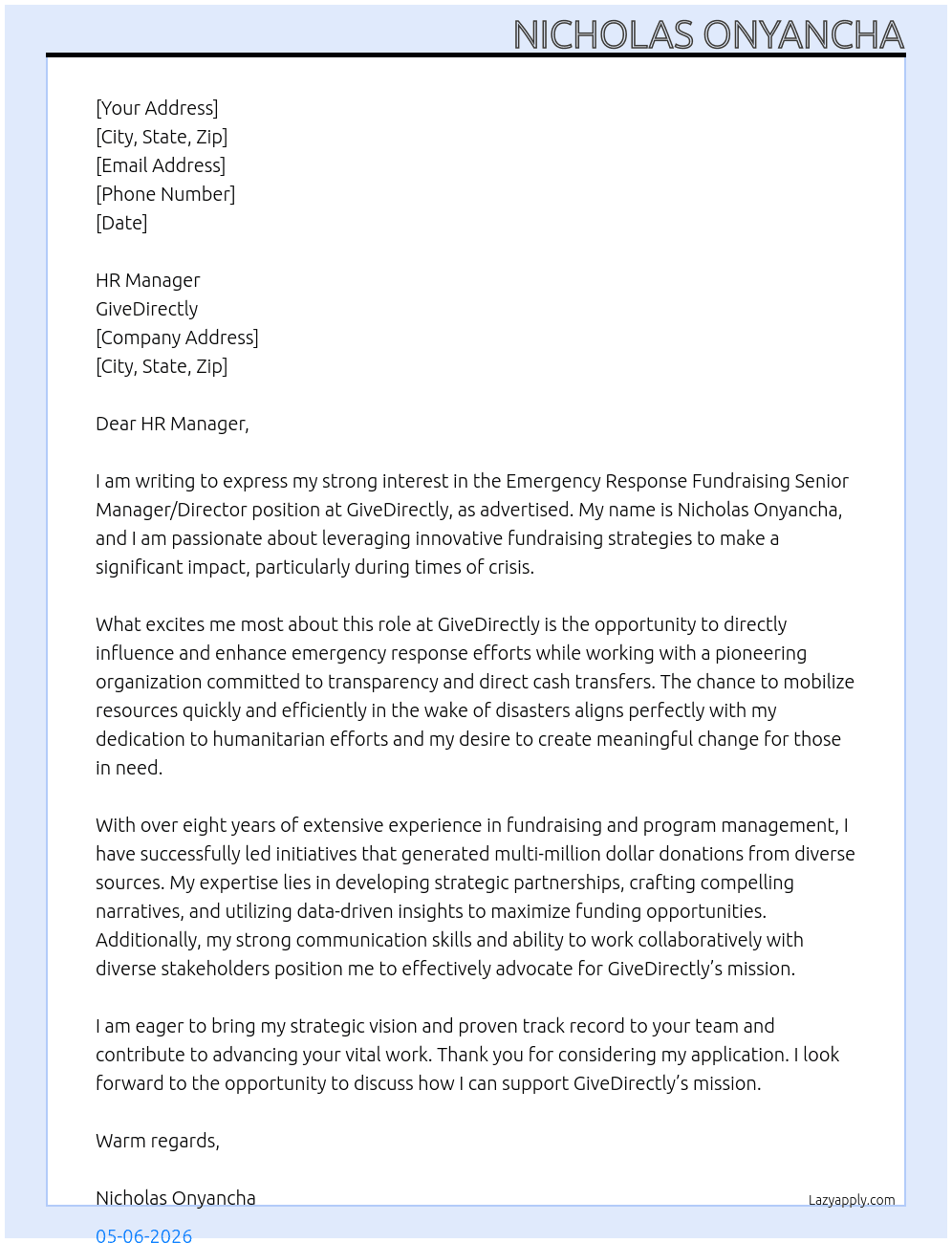 Emergency Response Fundraising Senior Manager/Director At GiveDirectly Cover Letter