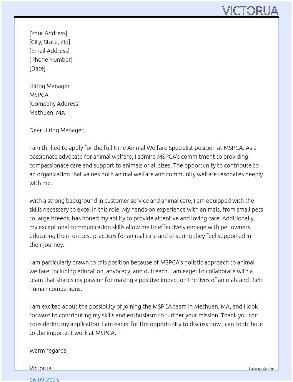 Animal welfare specialist At Mspca  Cover Letter