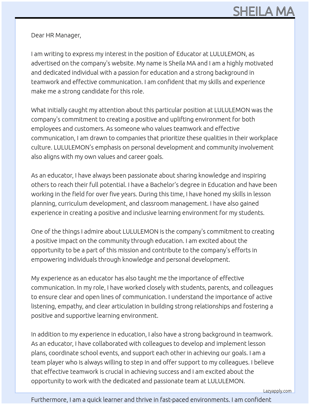 Educator At LULULEMON Cover Letter