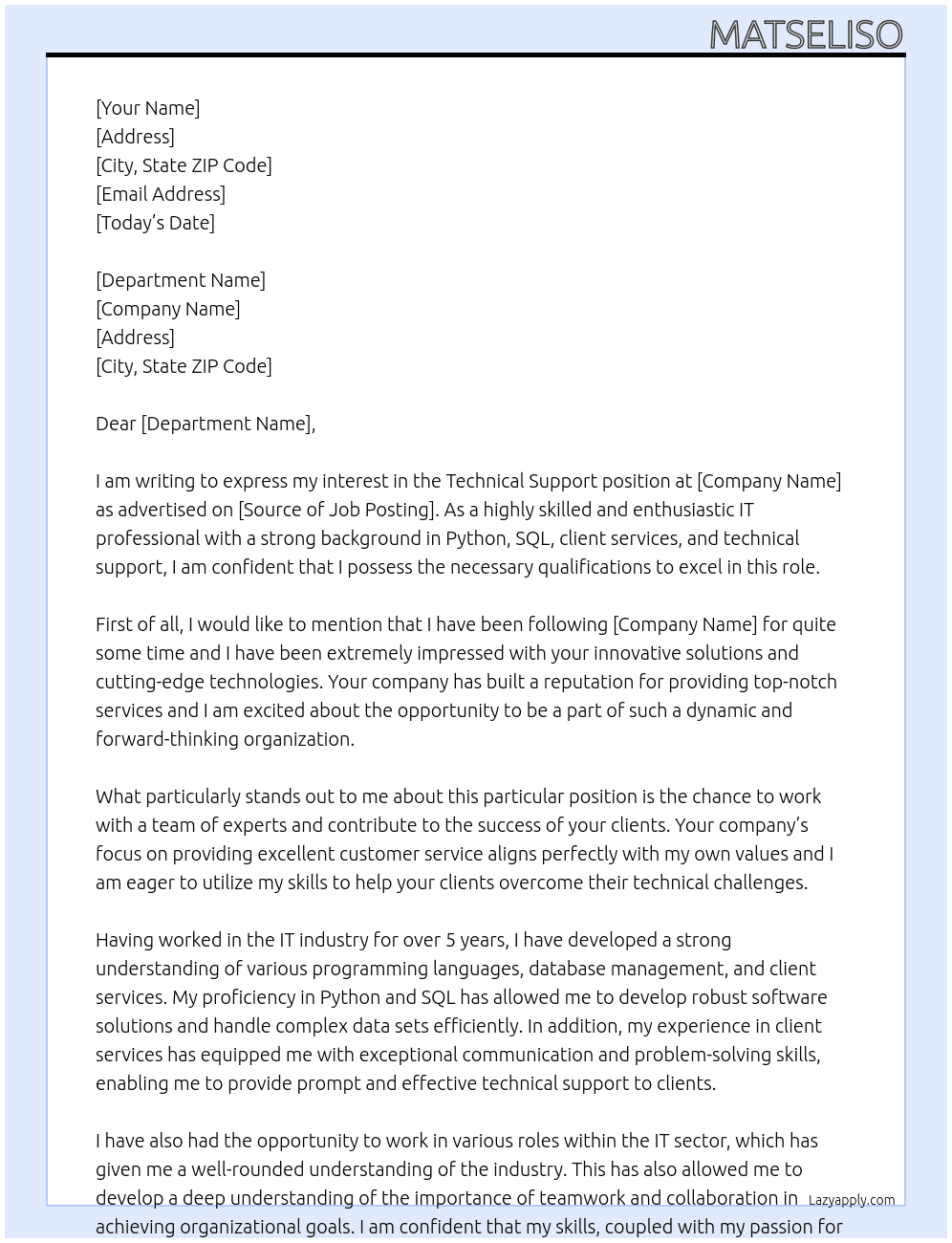 Technical support At Your company Cover Letter