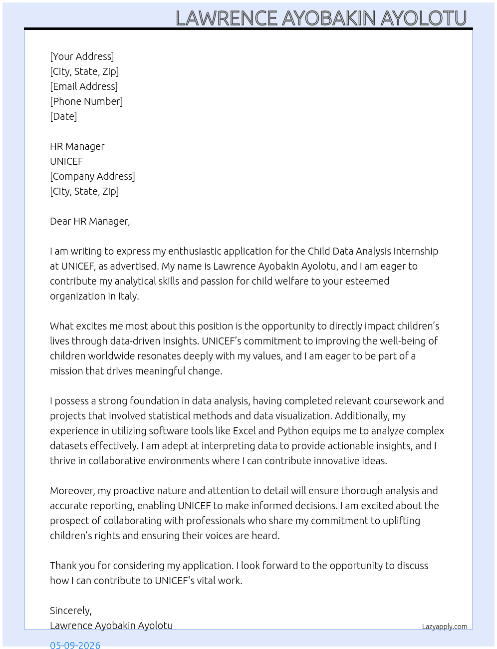 Child Data Analysis Internship a At Unicef  Cover Letter