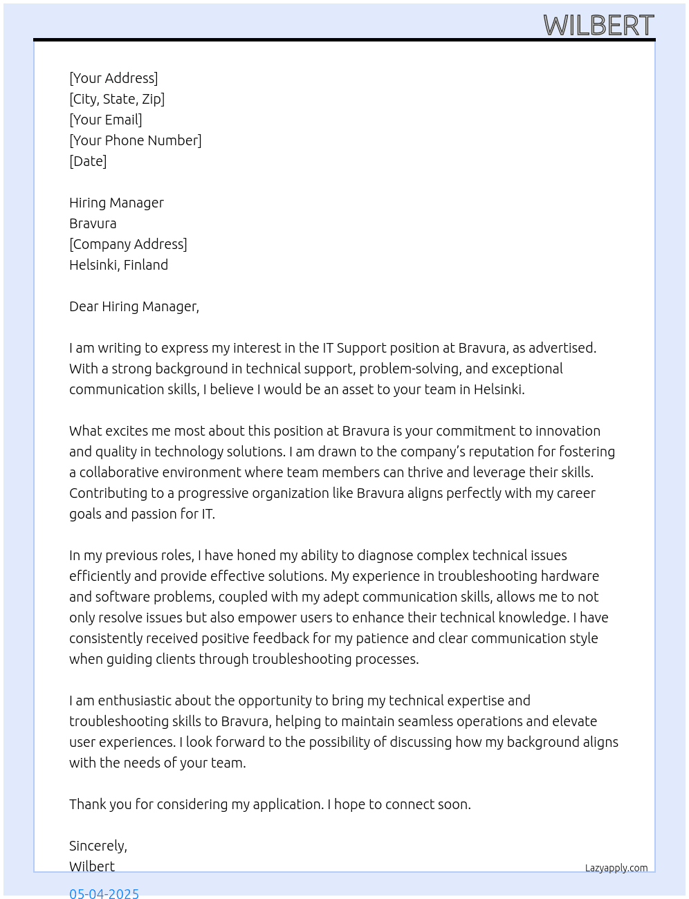 IT Support At Bravura Cover Letter