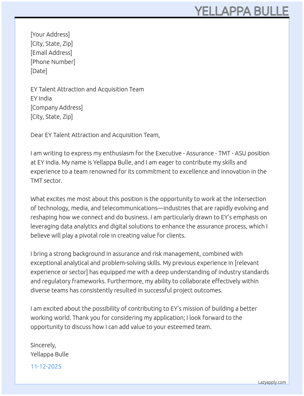 Executive - Assurance - TMT - ASU  At EY India Cover Letter