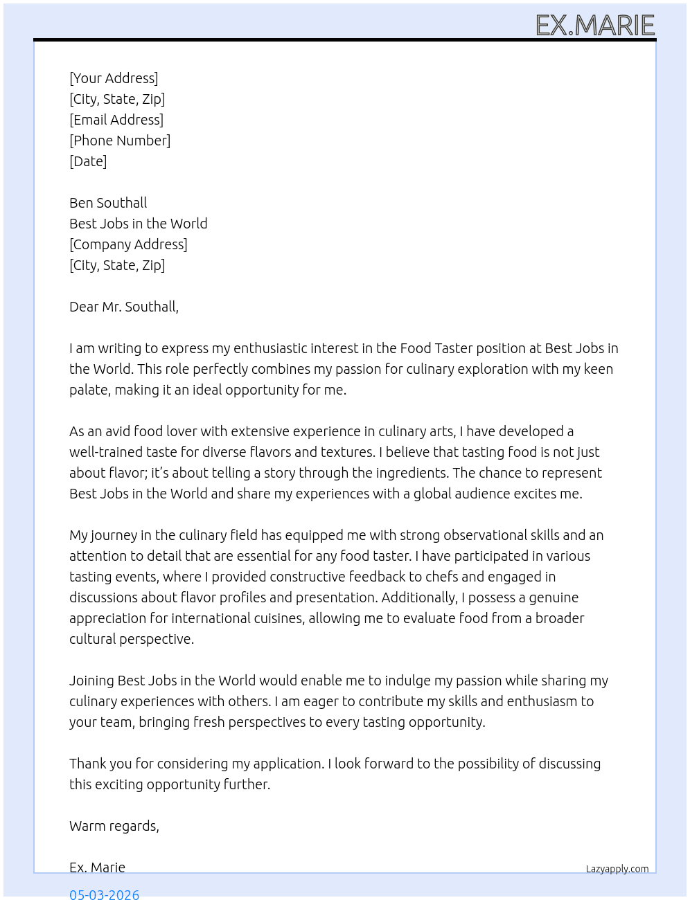 food taster At best jobs in the world Cover Letter