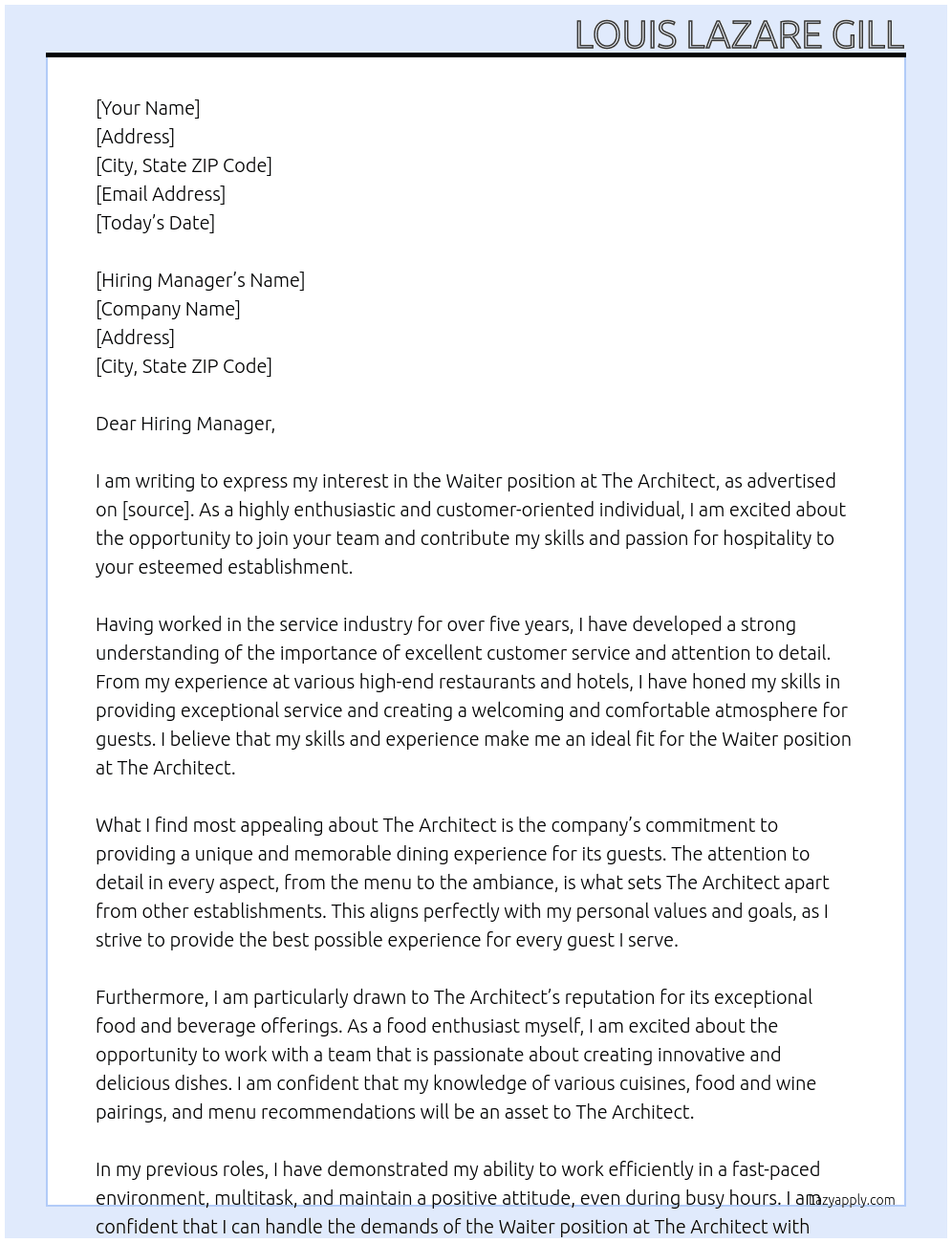 Waiter At The Architect  Cover Letter