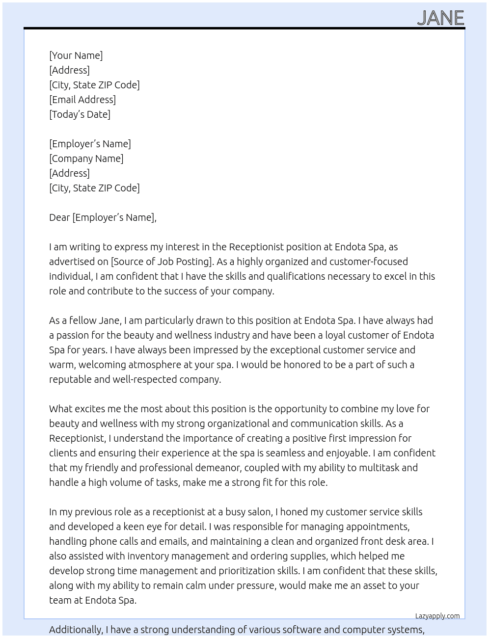 Receptionist At Endota Spa Cover Letter