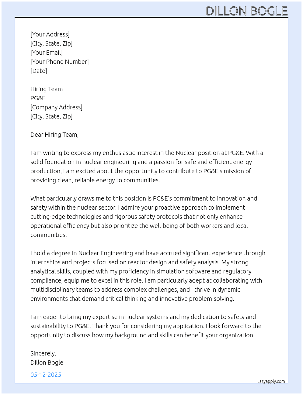 Nuclear position At PG&E Cover Letter